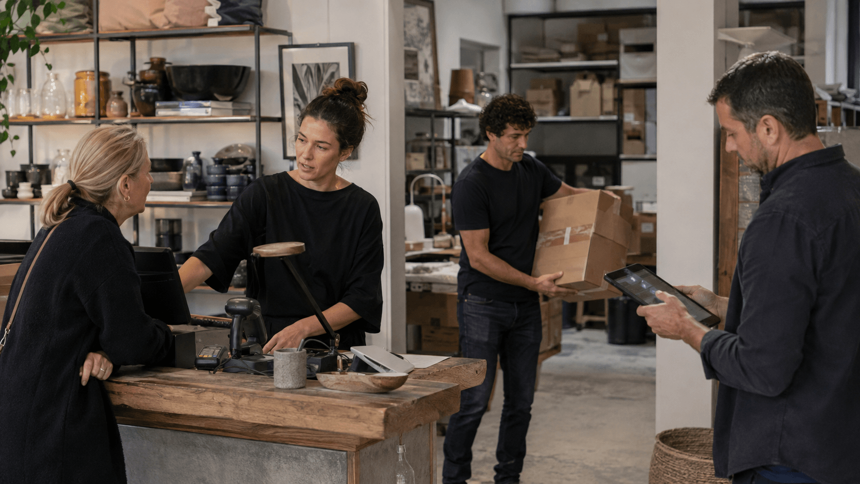 A customer request moving between a retail counter, fulfilment and a connected tablet